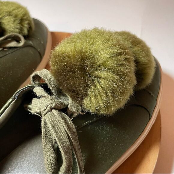 JSlides Olive green satiny Pom Pom slip ons - Picture 7 of 11